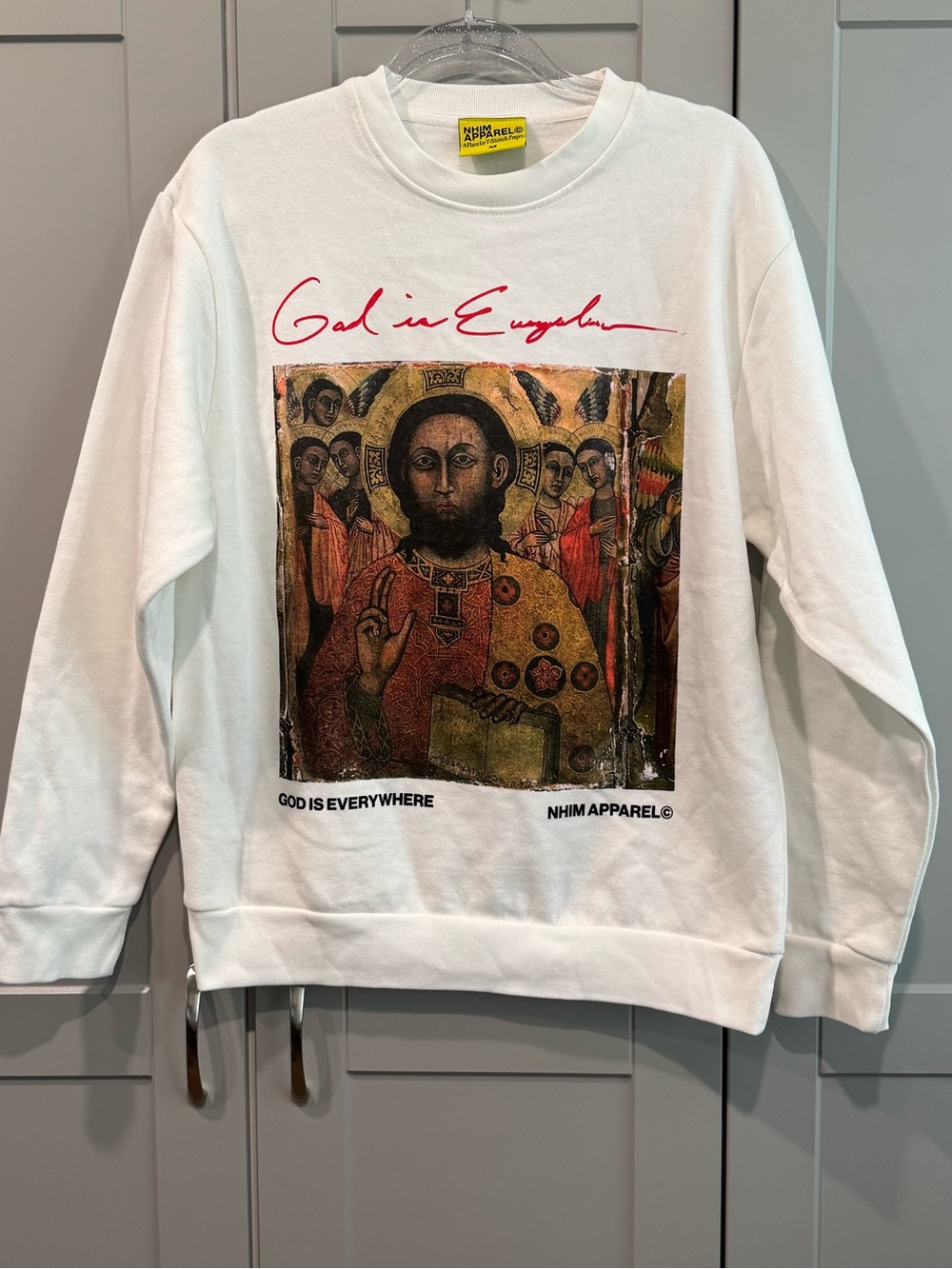 NHIM Apparel White Crewneck Sweatshirt with Religious Icon Graphic